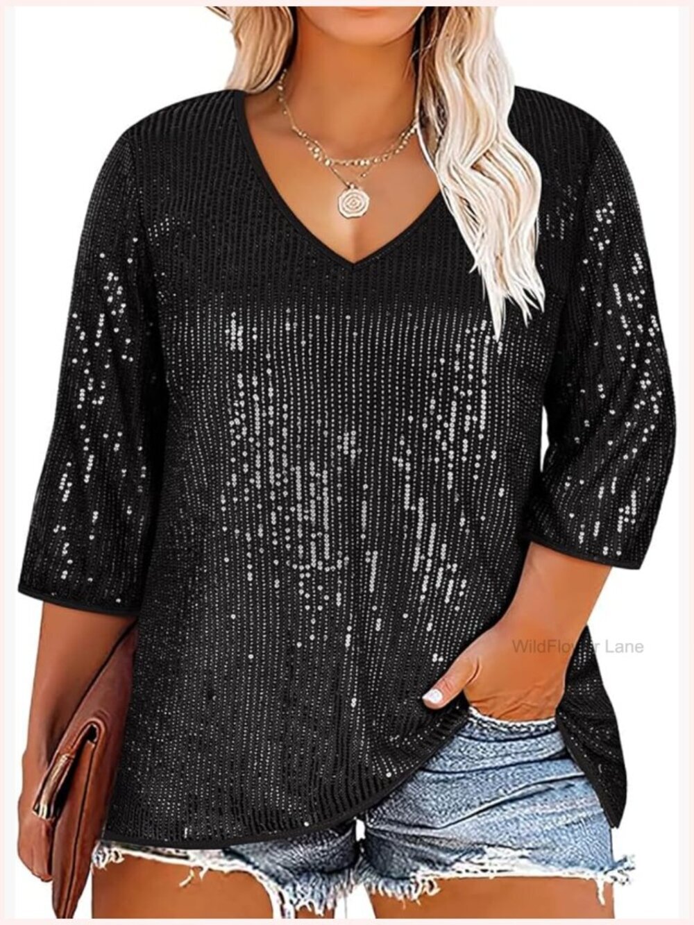 Plus Size Glitter Sequin Tunic Top 3/4 Sleeve V-Neck Cocktail Blouse